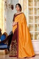 Embroidered Saree in Musturd Brown & Yellow Georgette & Silk