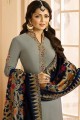 Churidar Suits in Grey Satin Georgette with Satin Georgette