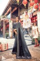 Embroidered Georgette Saree in Grey & Black with Blouse