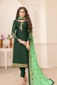 Satin Georgette Churidar Suits in Dark Green with dupatta