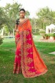 Orange & Pink Embroidered Saree in Art Silk