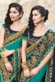 Blue & Navy Blue Satin Embroidered Saree with Blouse