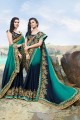 Blue & Navy Blue Satin Embroidered Saree with Blouse