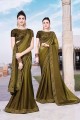 Embroidered Satin & Silk Saree in Olive Green with Blouse