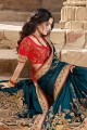 Prussian Blue Saree with Embroidered Georgette & Silk