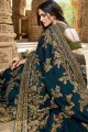 Silk Saree in Prussian Blue with Embroidered