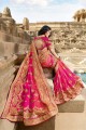 Rani Pink Embroidered Saree in Satin & Silk