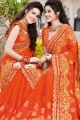 Embroidered Georgette & Silk Saree in Orange