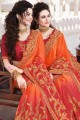 Embroidered Saree in Orange & Red Satin