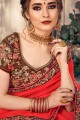 Embroidered Chiffon Saree in Crimson Red with Blouse