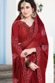 Saree in Maroon Chiffon & Satin with Embroidered