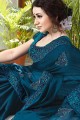 Embroidered Chiffon & Satin Saree in Blue with Blouse