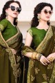 Olive Green Embroidered Saree in Chiffon & Satin