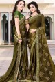 Olive Green Embroidered Saree in Chiffon & Satin