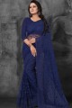 Embroidered Net Saree in Navy Blue