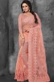 Net Saree in Peach with Embroidered