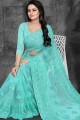 Embroidered Net Saree in Aqua Blue with Blouse