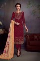 Ethinc Satin Georgette Maroon Palazzo Suits with dupatta