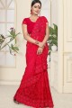 Net Saree with Embroidered in Dark Pink