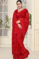 Net Red Saree in Embroidered