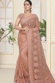Embroidered Net Saree in Dusty Peach with Blouse