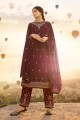 Satin Georgette Palazzo Suits in Maroon with dupatta