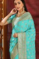 Turquoise Blue Silk Saree with Embroidered