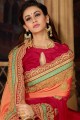 Embroidered Chiffon Saree in Dark Red & Peach with Blouse