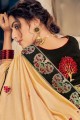 Embroidered Satin & Silk Saree in Cream with Blouse