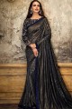 Embroidered Lycra Saree in Navy Blue with Blouse
