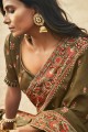 Silk Saree in Dark olive Green with Embroidered