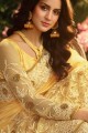 Embroidered Saree in Yellow Net & Art Silk