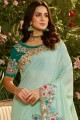 Turquoise Blue Saree in Net & Art Silk with Embroidered