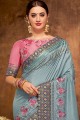 Satin & Silk Saree in Grey with Embroidered