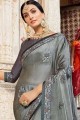 Embroidered Saree in Grey Georgette & Silk
