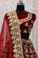 Velvet Lehenga Choli with Embroidery and Dupatta in Maroon