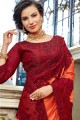 Georgette & Satin Saree in Orange & Maroon with Embroidered