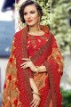Georgette & Satin Saree with Embroidered in Red & Beige