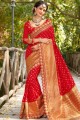 Red Saree in Jacquard & Silk with Embroidered