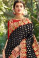 Jacquard & Silk Saree in Black with Embroidered