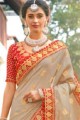 Pale Grey Embroidered Saree in Jacquard & Silk