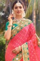 Jacquard & Silk Saree in Pink with Embroidered