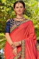 Old rose Pink Jacquard & Silk Saree with Embroidered