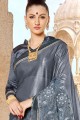 Embroidered Saree in Grey Net & Lycra