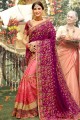 Embroidered Net & Art Silk Saree in Purple & Pink with Blouse