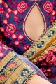 Aqua Blue Violet Saree in Embroidered Chiffon & Cotton & Silk