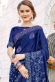Brasso & Georgette & Satin Royal Blue Saree in Embroidered