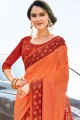 Georgette & Satin Embroidered Orange Saree with Blouse