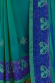Georgette & Satin Saree with Embroidered in Teal Green