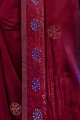 Georgette & Satin Embroidered Wine Saree with Blouse